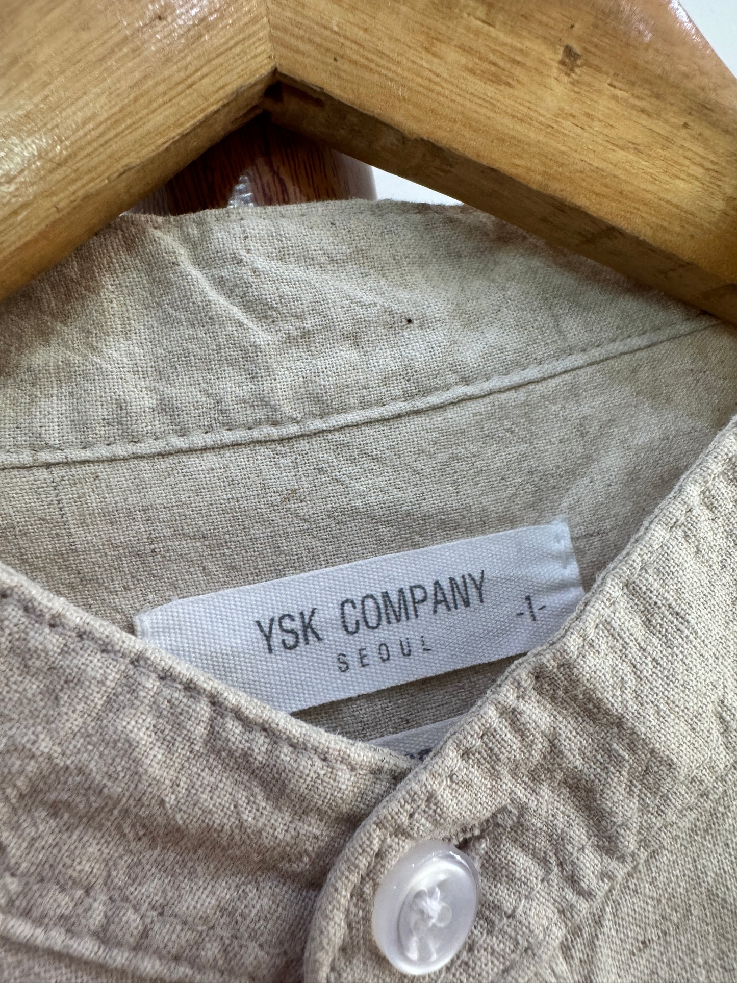 ‘YSK’ Beige Linen Mandarin Shirt