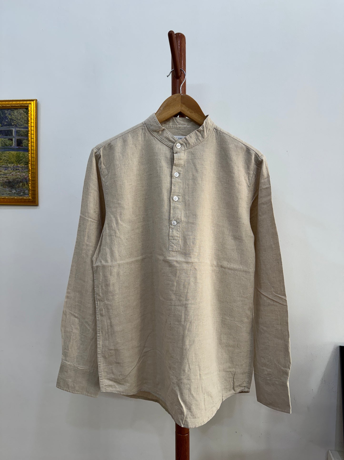 ‘YSK’ Beige Linen Mandarin Shirt