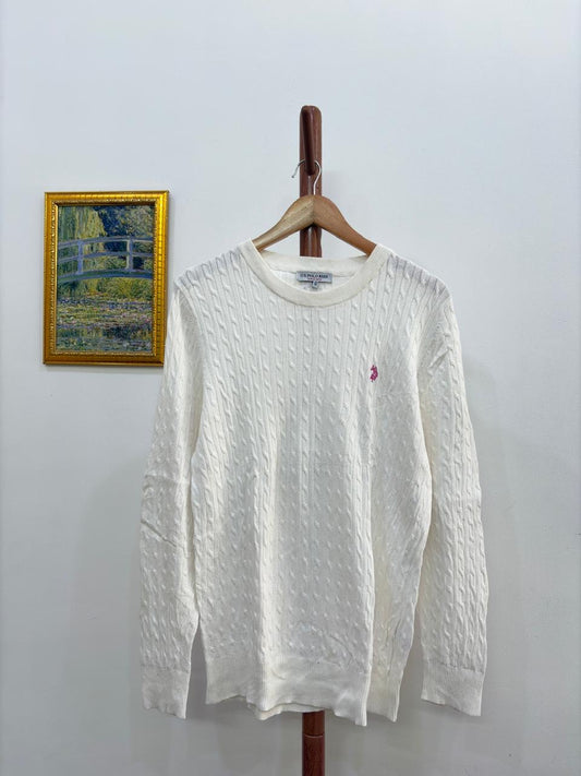 White 'USPA' Cableknit Sweater