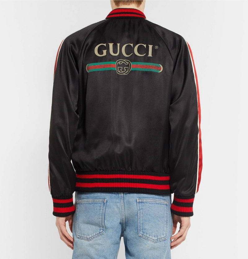 Gucci Black Satin Contrast Trim Spiritismo Applique Detail Bomber