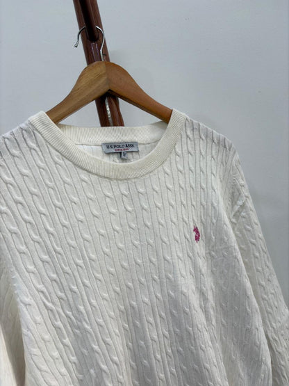 White 'USPA' Cableknit Sweater