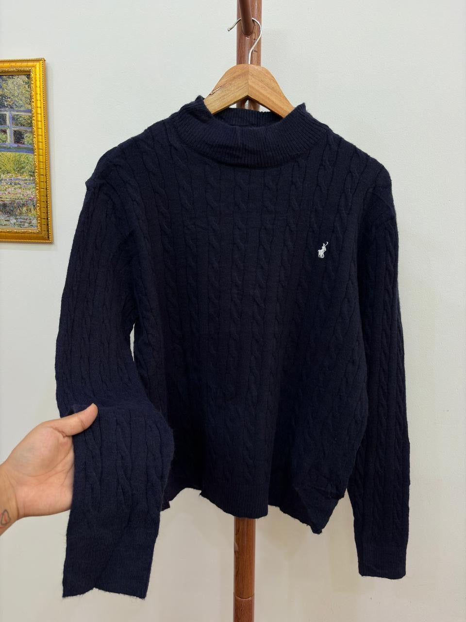 Navy Blue Cableknit Mockneck