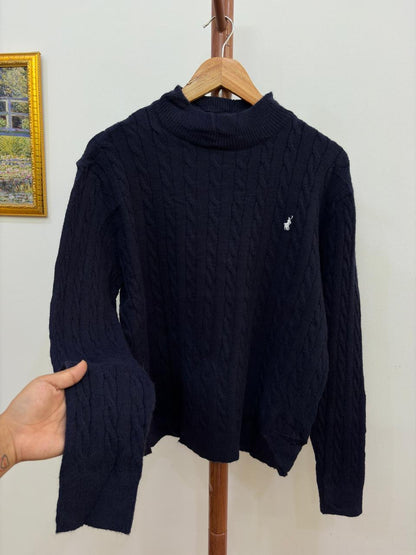 Navy Blue Cableknit Mockneck