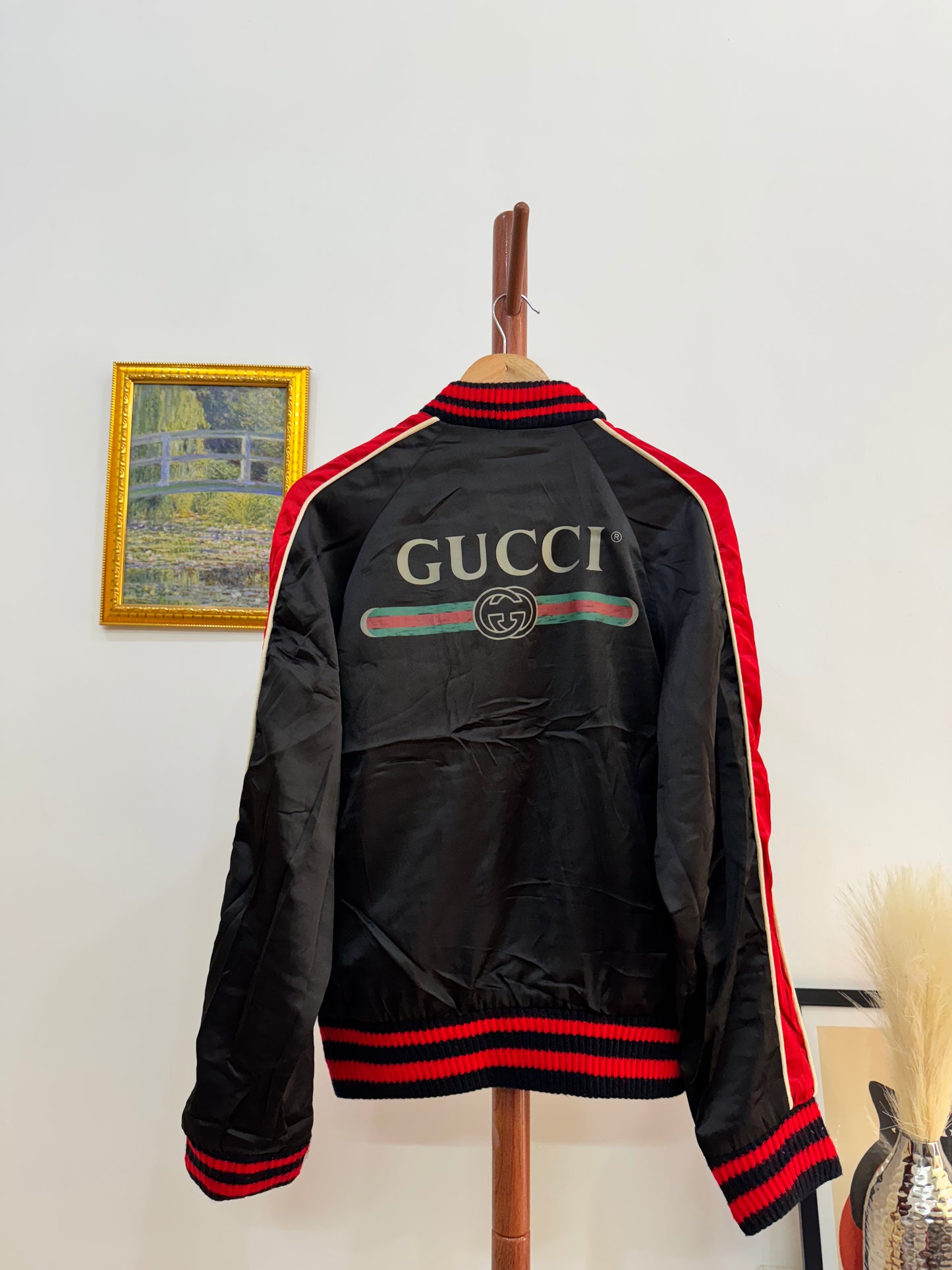 Gucci Black Satin Contrast Trim Spiritismo Applique Detail Bomber