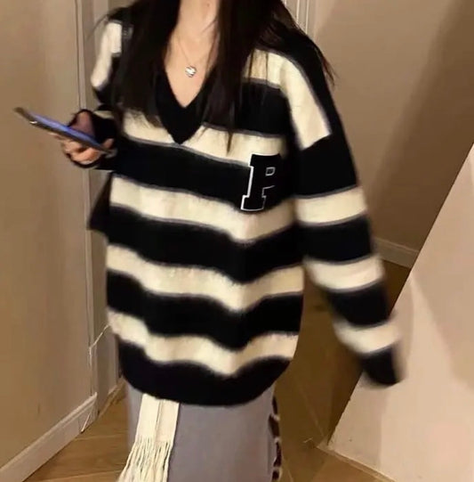 Aesthetic Striped Fuzzy Vneck Sweater