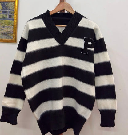 Aesthetic Striped Fuzzy Vneck Sweater