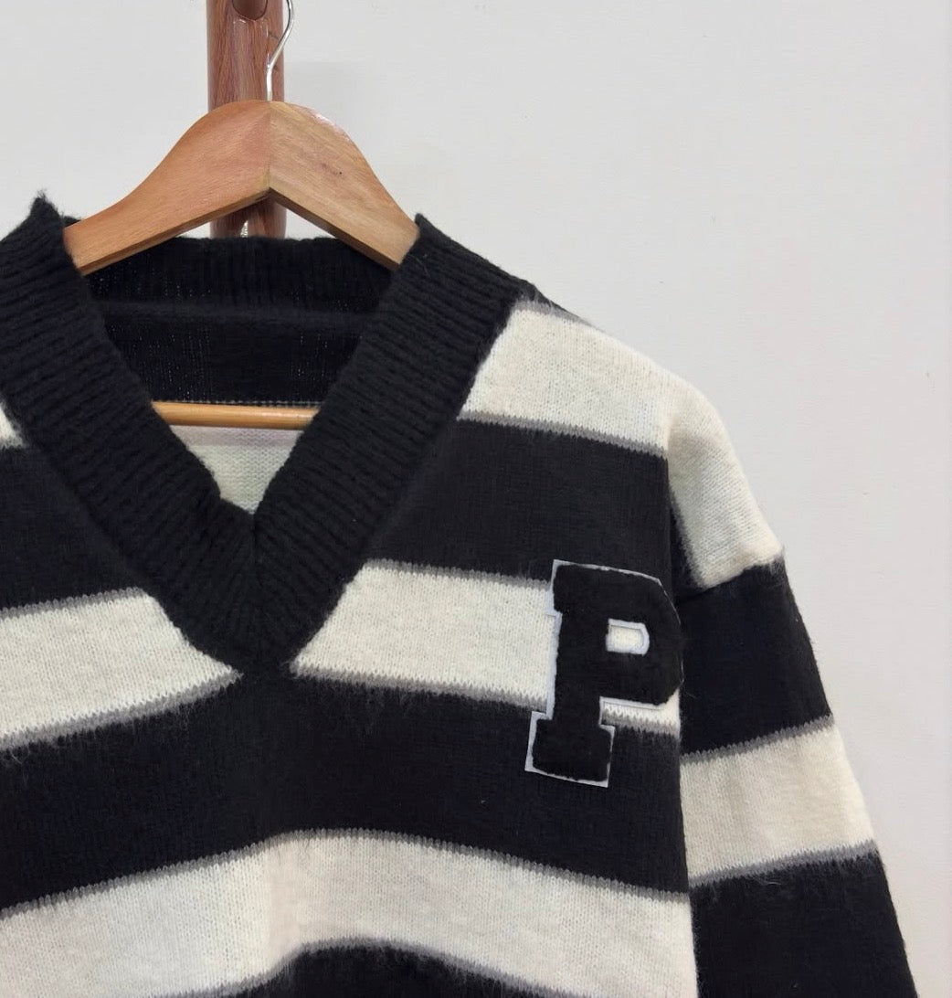 Aesthetic Striped Fuzzy Vneck Sweater