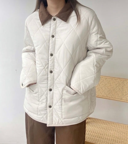 Beige Collared  Quilted Jacket