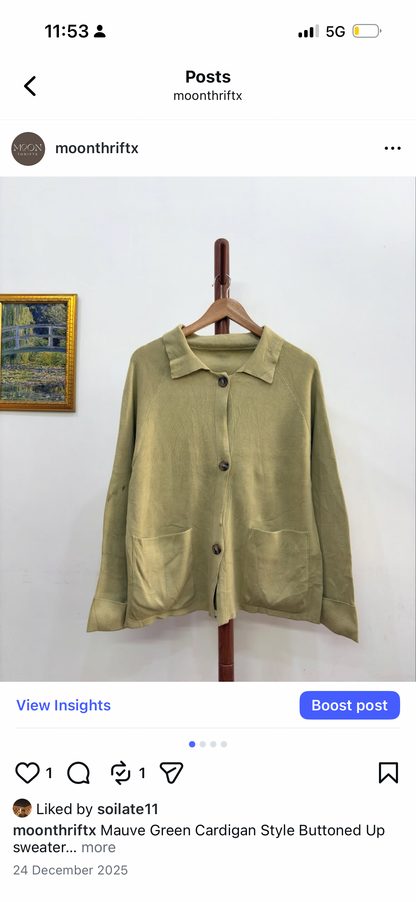 Mauve Green Cardigan Style Buttoned Up  sweater