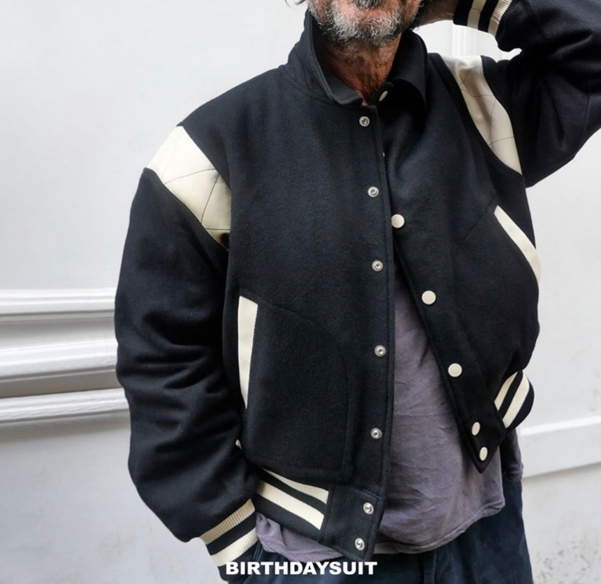 Favourite 😻 

'BIRTHDAYSUIT' Wollen Varsity with leather details