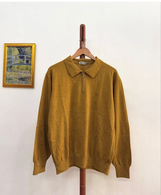 Vintage Mustard Zipper Knit Polo Sweater