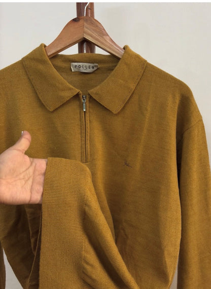 Vintage Mustard Zipper Knit Polo Sweater