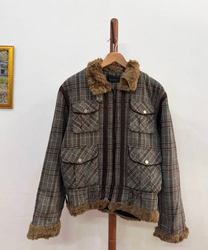 Vintage Plaid Fur Shearling Jacket 
Thick Quilted inner fabric with sherpa collar