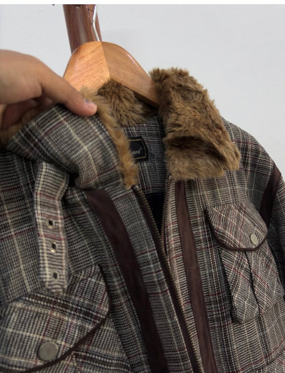 Vintage Plaid Fur Shearling Jacket 
Thick Quilted inner fabric with sherpa collar