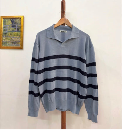 MENTO' Striped Blue  Polo Knit Sweater