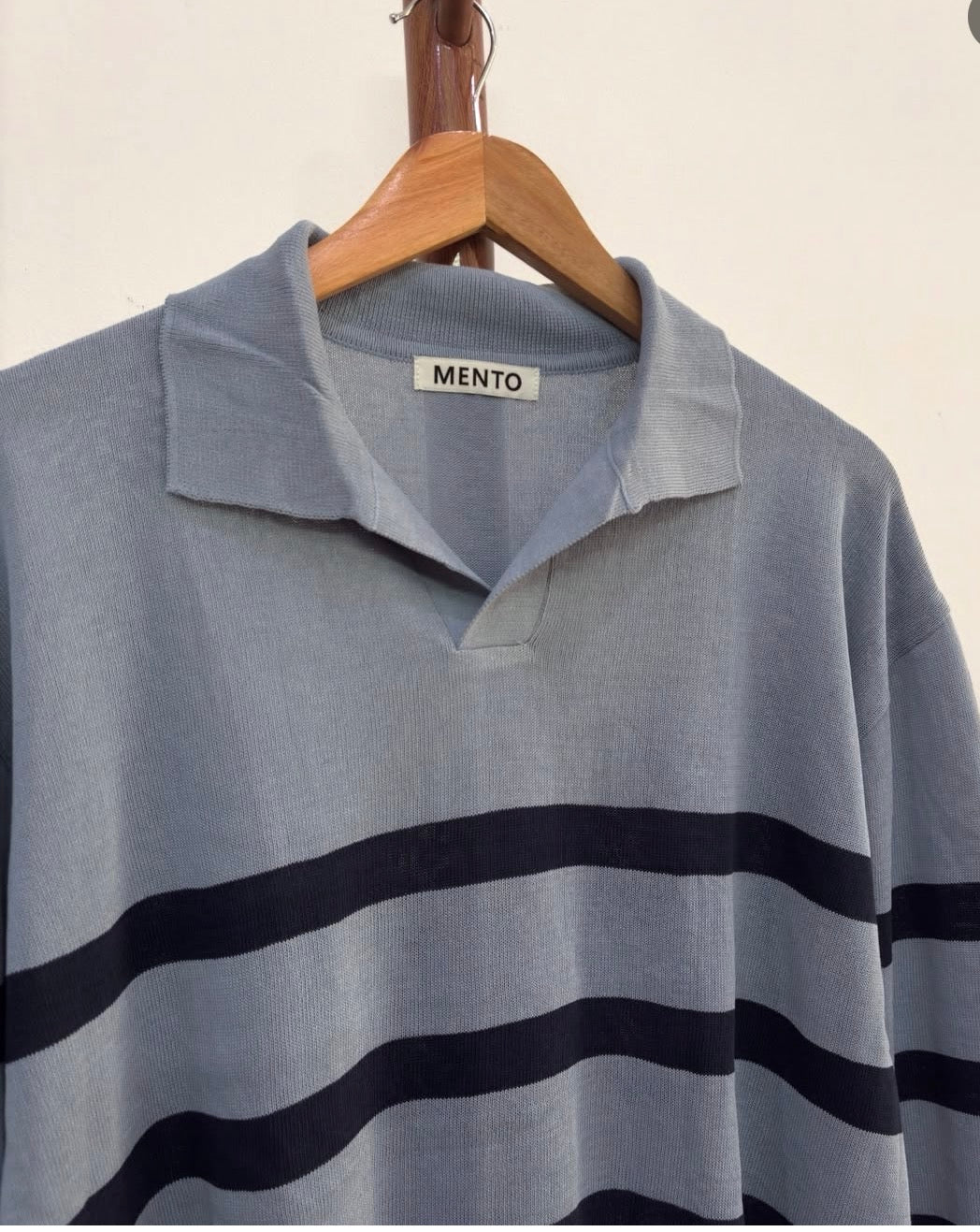 MENTO' Striped Blue  Polo Knit Sweater