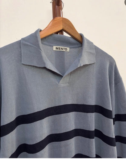 MENTO' Striped Blue  Polo Knit Sweater