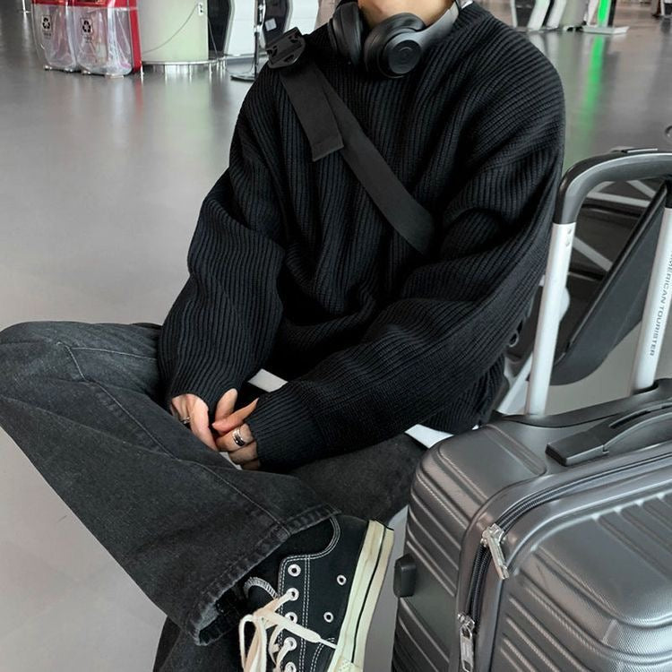 'HEAT' Ribbed Box Knit Sweater in Black