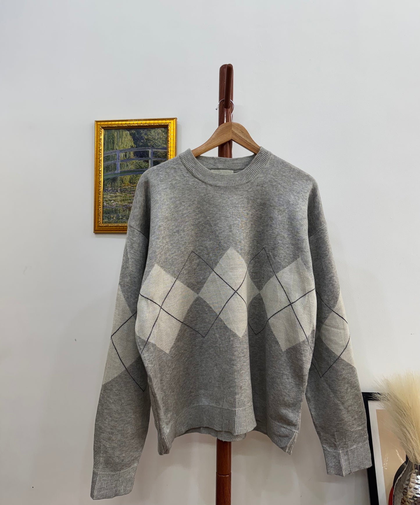 Grey Argyle Knitted Sweater