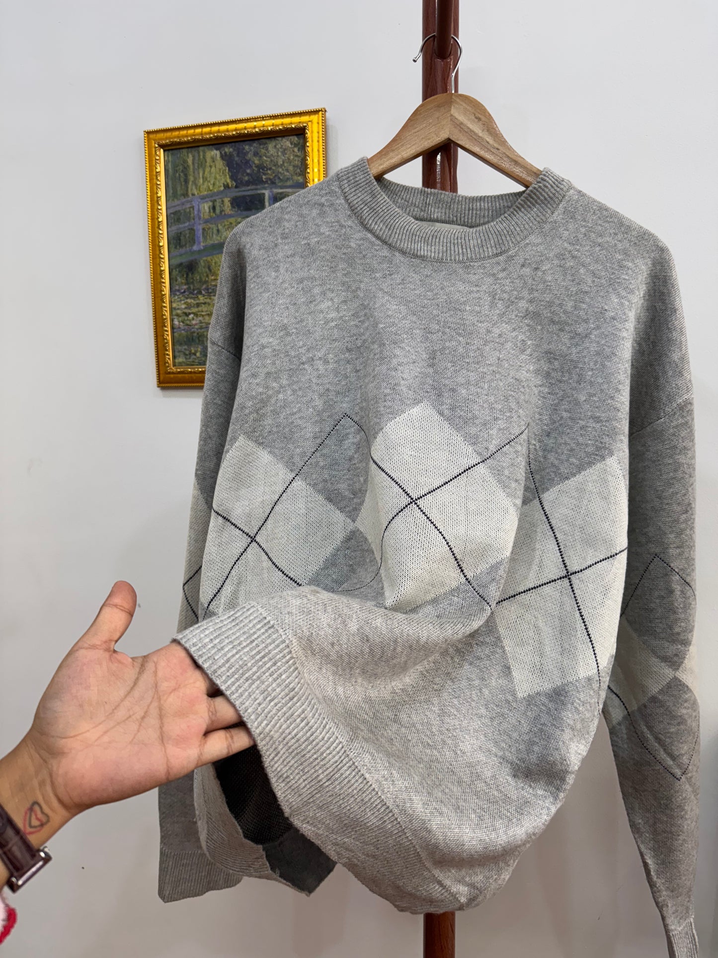 Grey Argyle Knitted Sweater