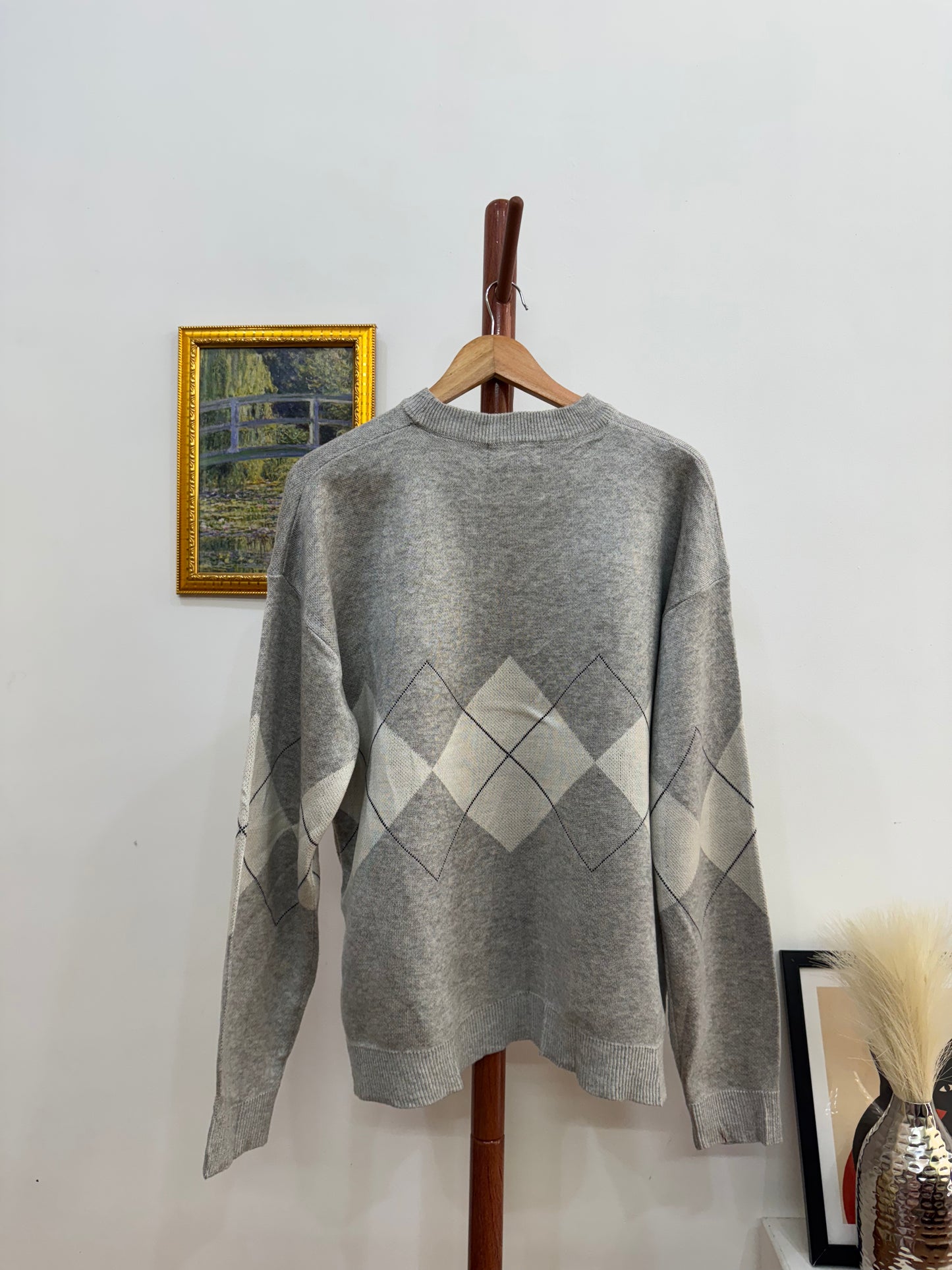 Grey Argyle Knitted Sweater