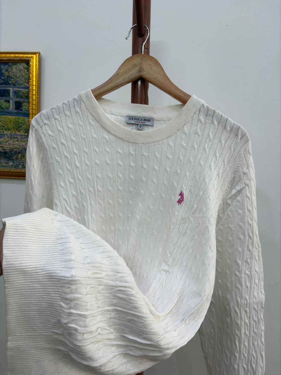 White 'USPA' Cableknit Sweater