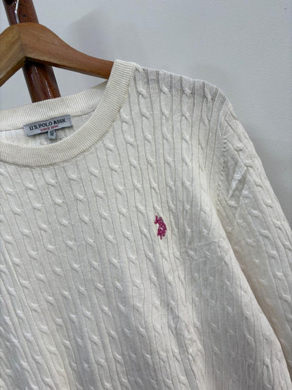 White 'USPA' Cableknit Sweater