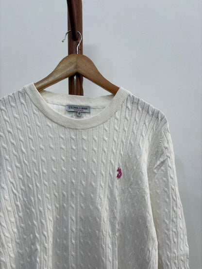 White 'USPA' Cableknit Sweater