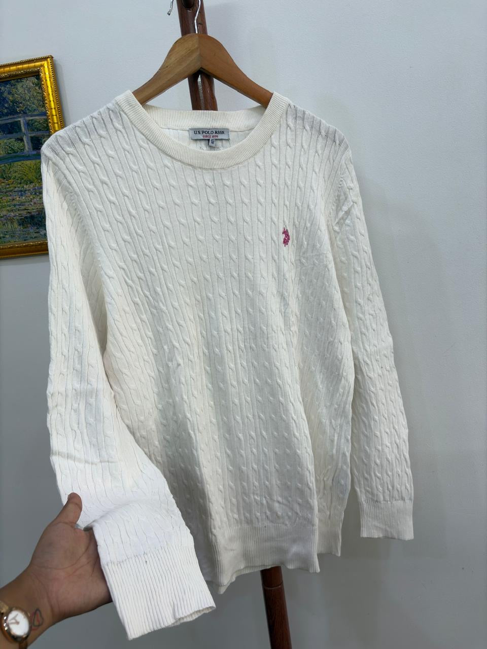 White 'USPA' Cableknit Sweater